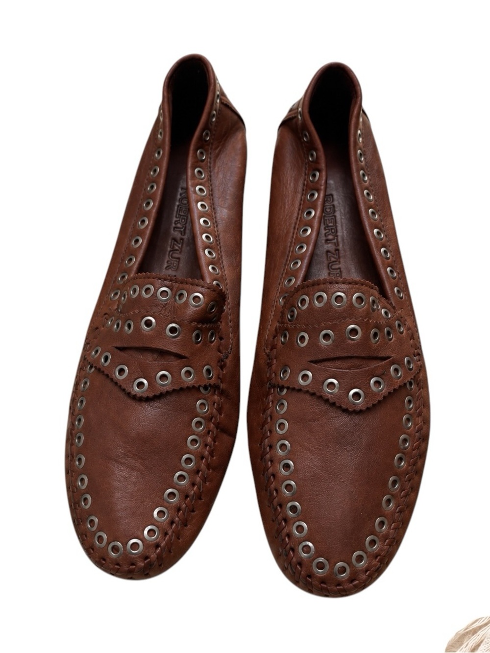 Robert Zur Women’s 9.5 M Brown Leather Grommet Penny Loafers Made in Italy EUC